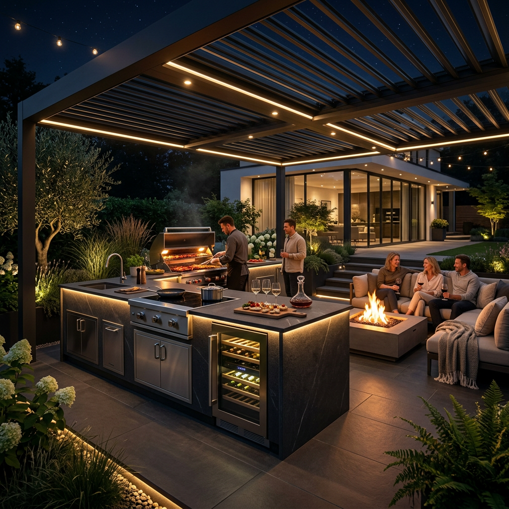 A high-end outdoor kitchen with smart lighting and a modern fire pit.
