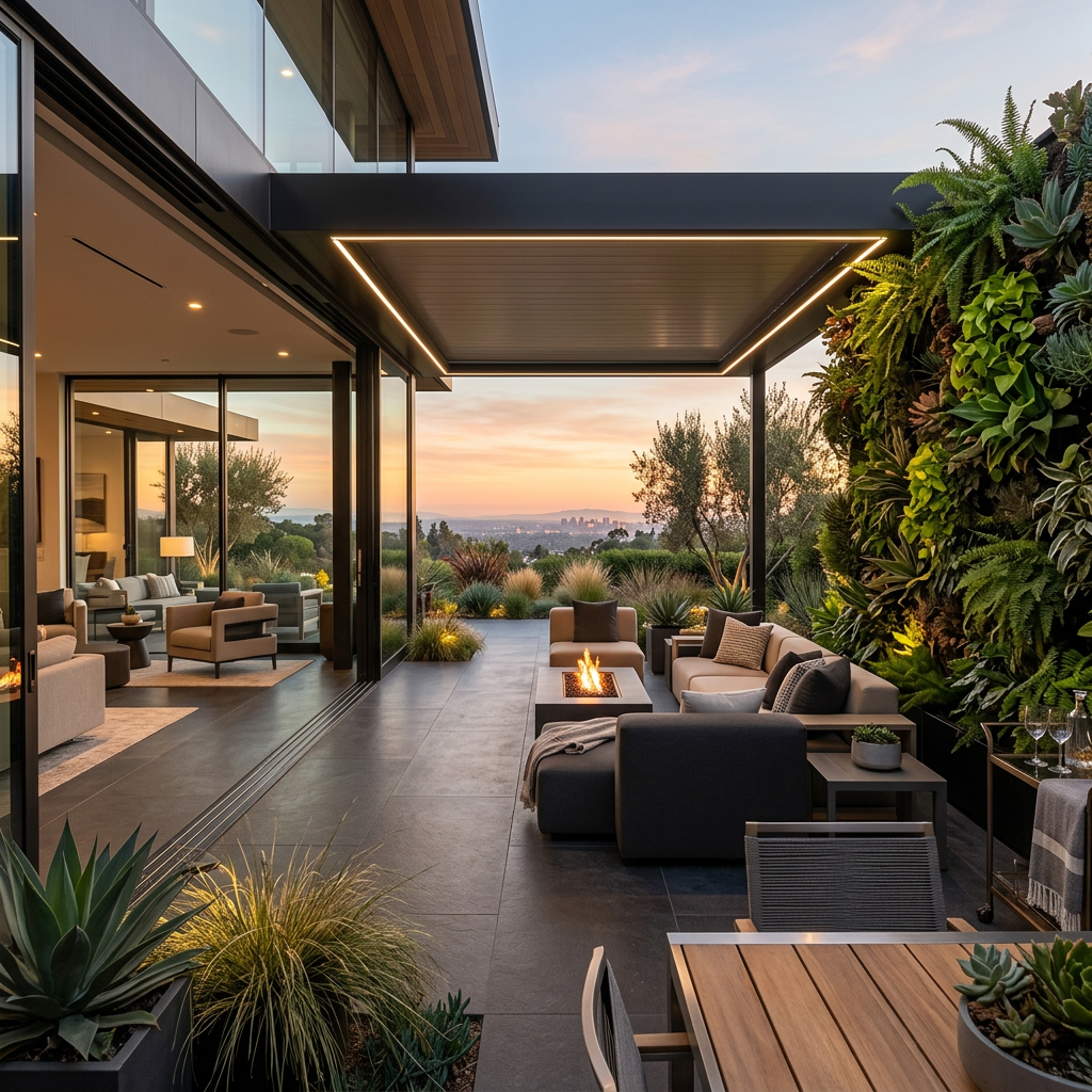 A luxurious modern patio with seamless indoor-outdoor transition and vertical gardens.