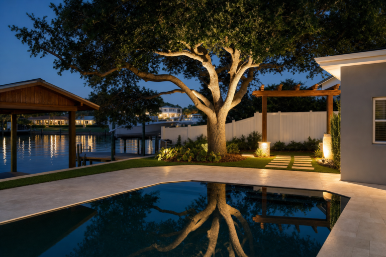 night mood lighting with a pool and a big tree